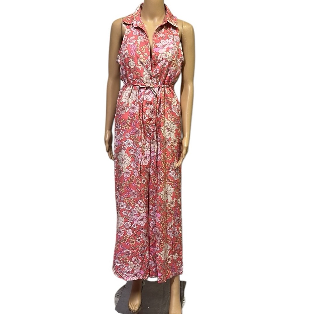 BOG Collective Sleeveless Collared Button Up Floral Wide Leg Pant Jumpsuit Small